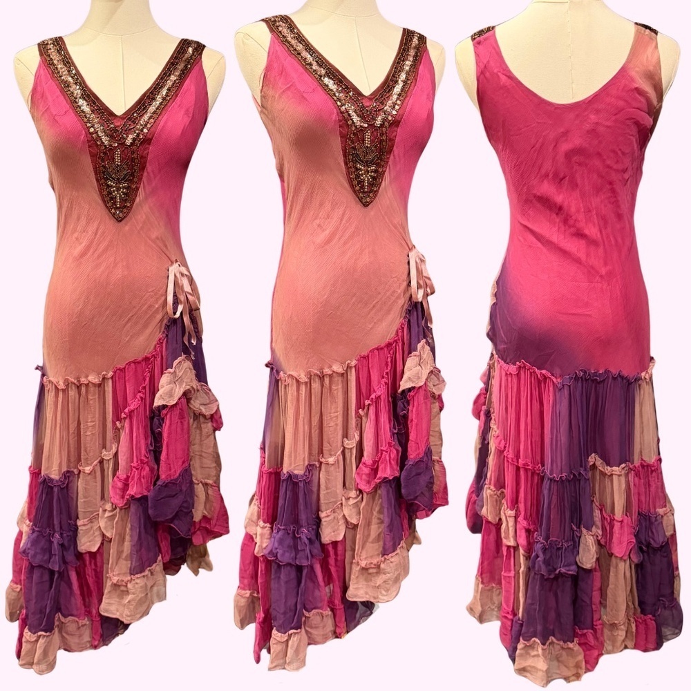 Vintage Jeff Gallon 100% Silk Made in France Ombre Beaded Y2K Dress UNIQUE